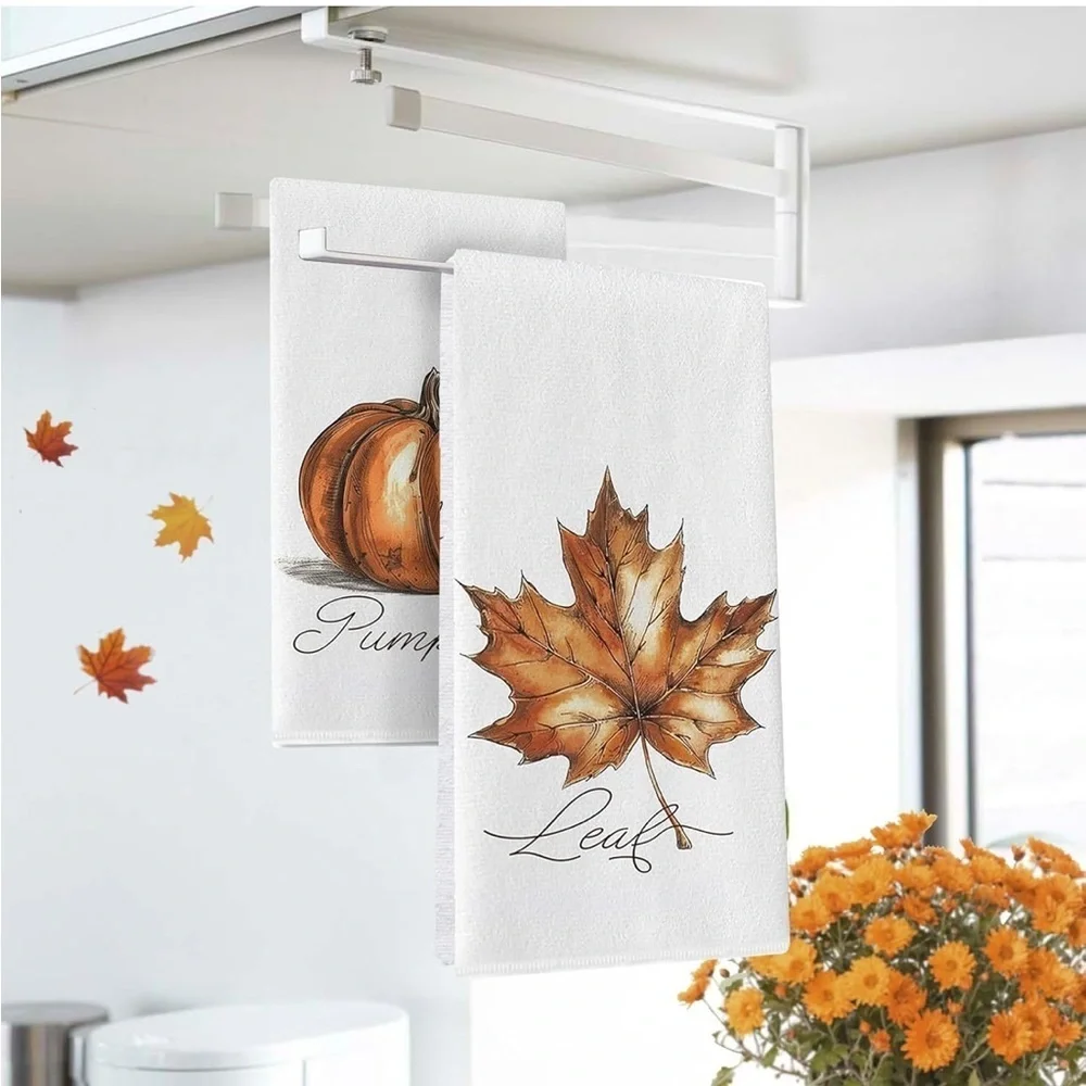 Pumpkin Maple Leaf Kitchen Dish Towels Set of 2
